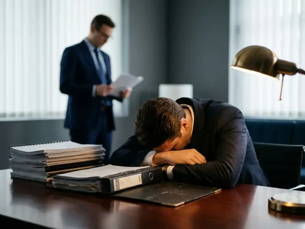 Uitgeputte werknemer hangend over bureau met stapel juridische documenten, manager op achtergrond, gespannen kantooratmosfeer.