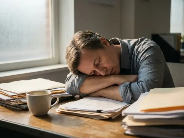 Vermoeide kantoormedewerker met hoofd op gevouwen armen aan rommelig bureau, koffiekop en mappen op de achtergrond, middaglicht door matglas.