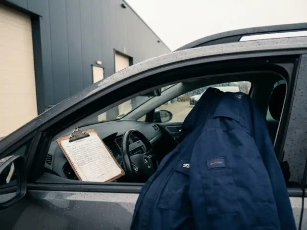 Zakelijke auto geparkeerd voor een modern MKB-bedrijfspand met kilometerregistratie op klembord op het dashboard.