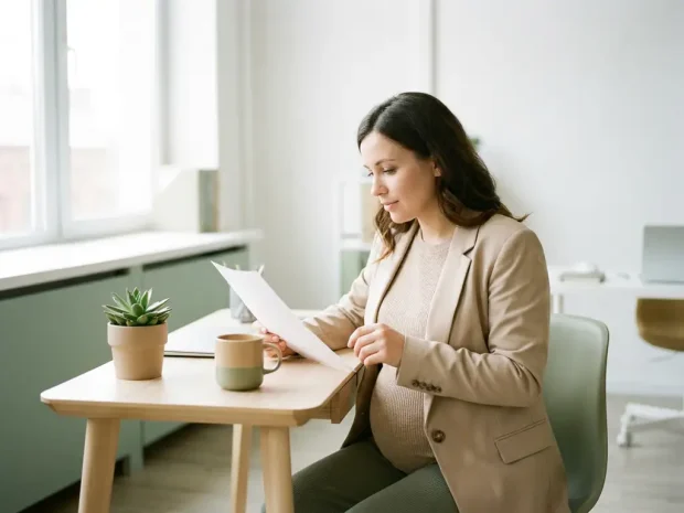 Zwangere vrouw in zakelijke kleding bestudeert document aan modern bureau met plant en koffiemok in warm kantoorlicht.