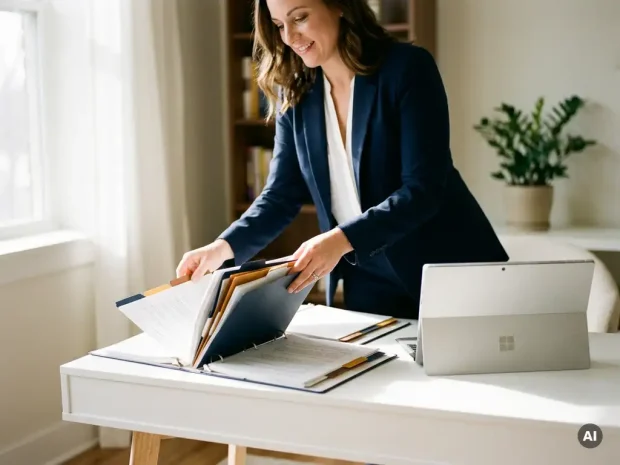 Professional aan modern bureau beheert meerdere kleurgecodeerde certificeringsmappen naast een laptop in marineblauw en amber kantoor.