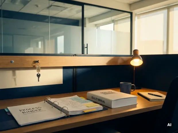 Bureau met open kwaliteitshandboek, geannoteerde procesmap en gelabelde sleutel aan haak in modern kantoor met glazen wand.