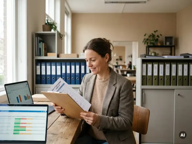 Professional bekijkt kwaliteitsmanagement checklist op klembord in modern Nederlands kantoor met laptop en georganiseerde mappen.