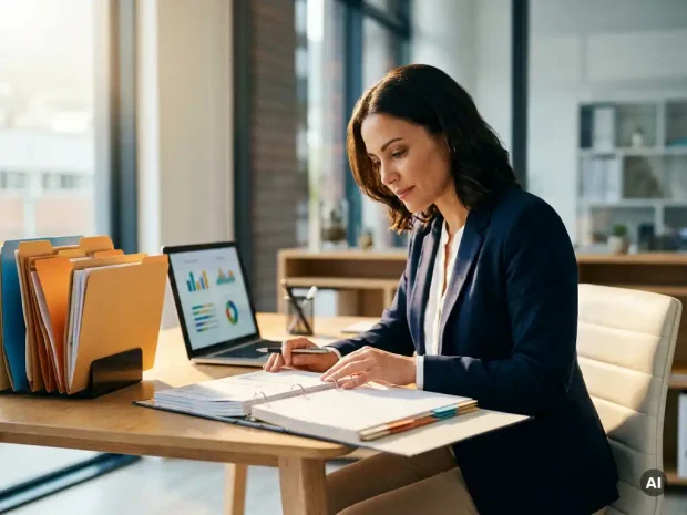 Professional bekijkt kwaliteitsmanagement-ordner aan modern bureau met georganiseerde mappen en laptop met dashboards.