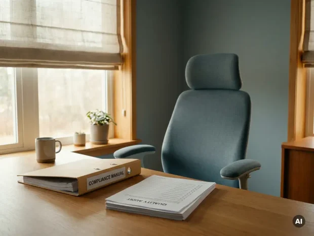 Leeg bureaustoel voor een opgeruimd bureau met open compliance-map en ongecontroleerde auditformulieren in modern kantoor.