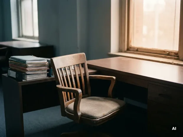 Verlaten houten bureaustoel voor een opgeruimd bureau met geordende mappen, zacht natuurlijk licht, stille kantooromgeving.