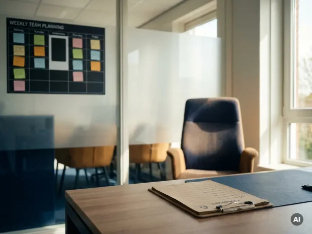 Managersbureau met leeg kantoorstoel achter glazen wand, weekplanbord met vrije plek en klembord met checklist in professioneel mkb-kantoor.