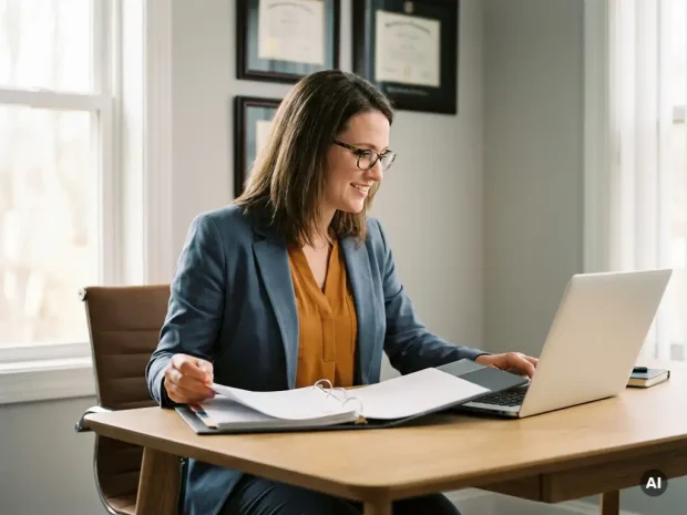 Professional bekijkt compliance-map en laptop op modern bureau, kwaliteitscertificaten zichtbaar op kantoorwand op de achtergrond.