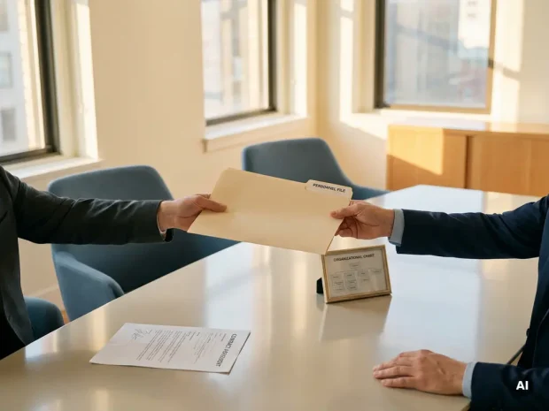 Personeelsdossier dat tussen twee mensen wordt overhandigd aan een kantoorbureau, met een ondertekend contract en organisatieschema op de achtergrond.