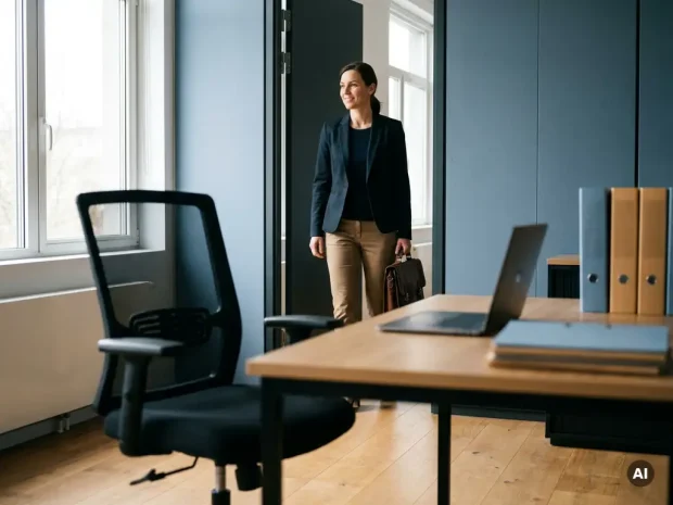 Professional in zakelijke kleding stapt kantoor binnen met aktetas; lege ergonomische stoel op voorgrond, laptop en ordners zichtbaar.