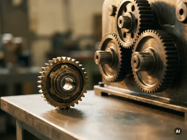 Losgemaakt tandwiel op industriële werkbank naast draaiend tandwielsysteem in amber en staalgrijs licht.