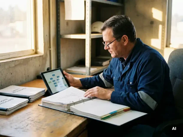 Tijdelijke manager bekijkt veiligheidsmap en tablet op industrieel kantoor met proceslijsten en natuurlijk zijlicht.
