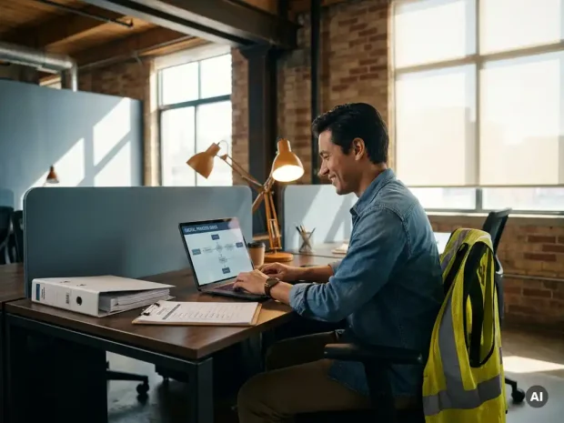 Tijdelijke medewerker bekijkt digitale procesgids op laptop aan industrieel bureau met ordner en veiligheidschecklist.