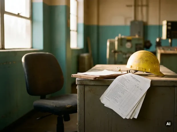Gele bouwhelm en veiligheidsklembord op verlaten industrieel bureau met onvoltooide compliance-checklists in warm licht.