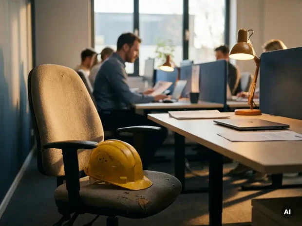 Gele bouwhelm op lege bureaustoel in kantoor van mkb-bedrijf, collega's op de achtergrond, natuurlijk raamlicht.