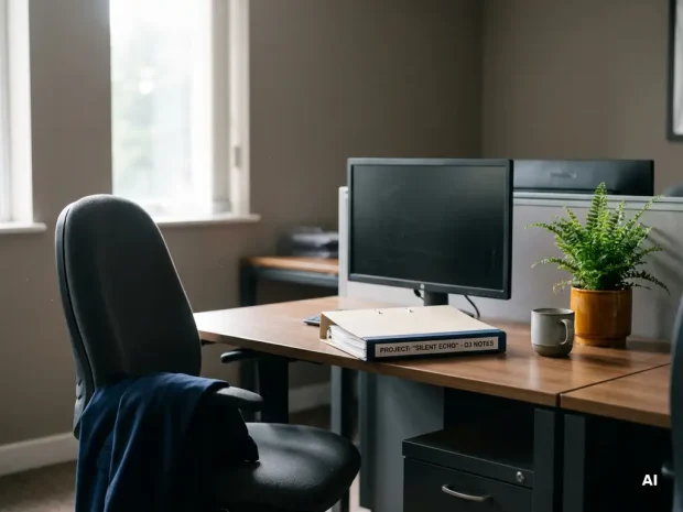 Verlaten bureau met open ringband, lege ergonomische stoel en slapend computerscherm in zacht daglicht.